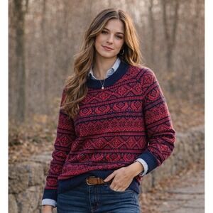 J.Crew Womens Fair Isle Lambswool Blend Sweater Navy Bird Pattern AF009 Size M